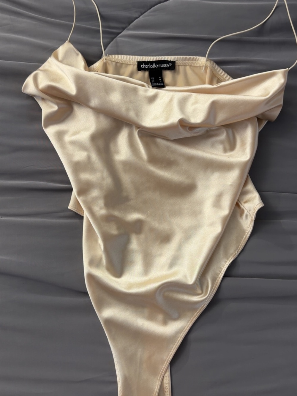 Charlotte Russe Champagne Satin Cowl Neck Bodysuit